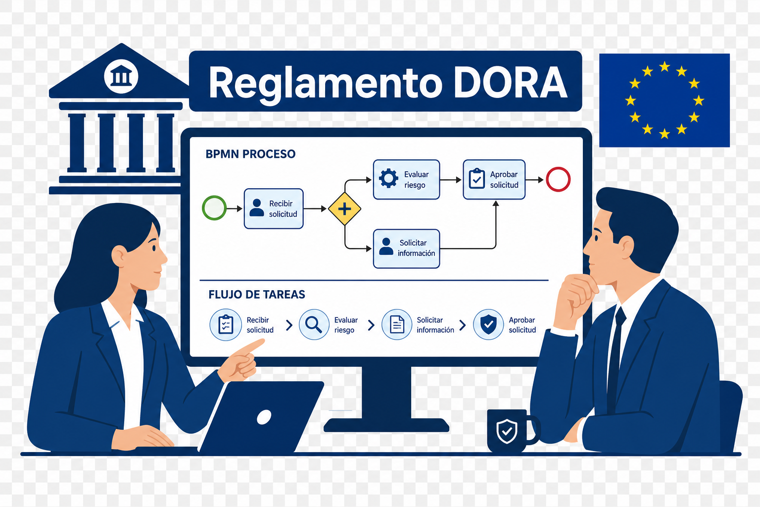 Two Professionals Analyzing BPMN Diagram of Financial Entity